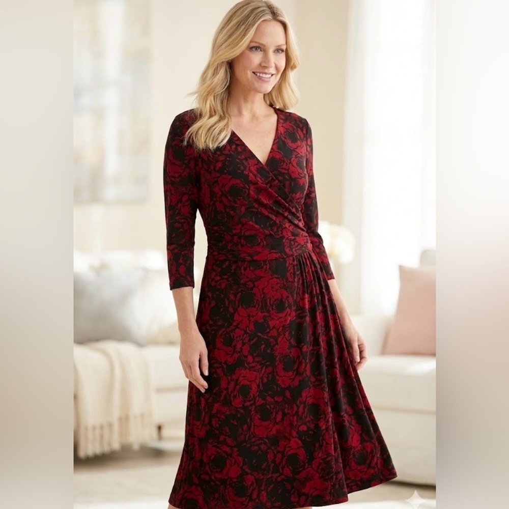 Chaps Red Black Floral Print Empire Waist Dress Size‎ M